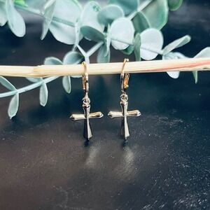 Mystical Rose Gold Cross Earrings | 14k Plate Huggie Hoops | Dainty Dangle Charm